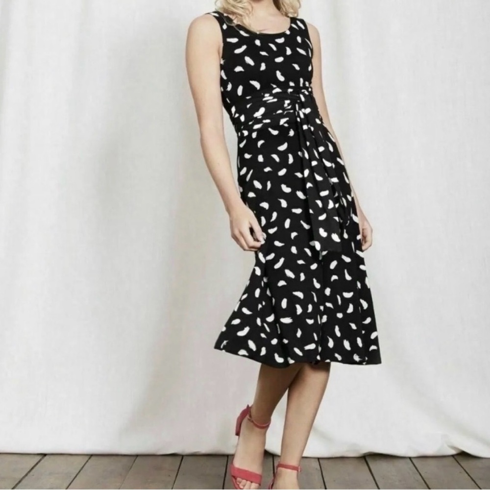 BODEN Ballet Dress Brush Stroke Tie Waist Fit Flare Black Ivory